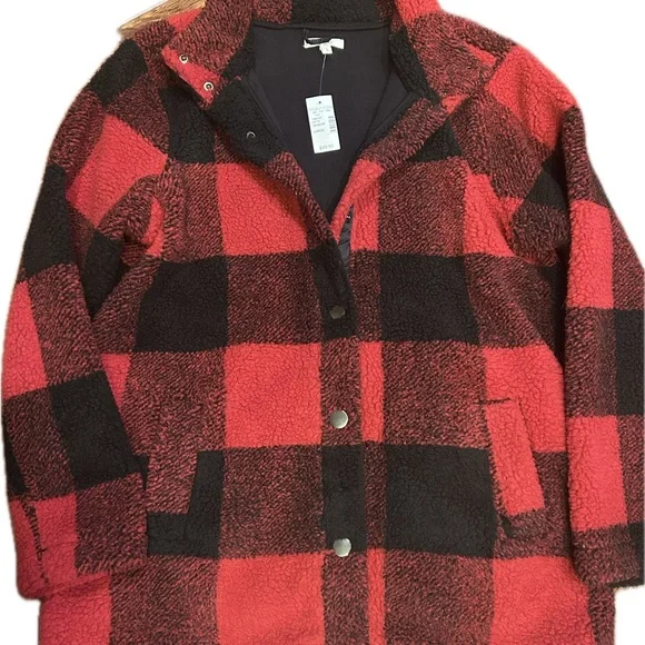 Maurices Black and Red Checkered Jacket oversized woman's size LG NWT barncoat - Picture 1 of 3